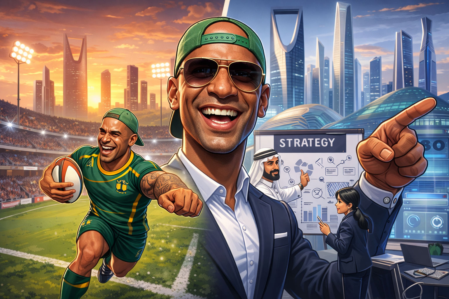 Illustrated composite — sport, business and Riyadh; the radio concept